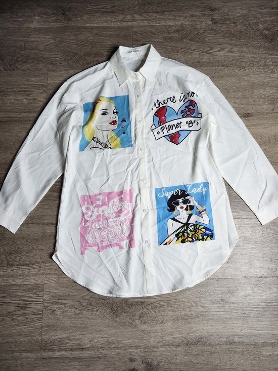 Over Apparel Dresses & Skirts - White Pop-Art Button-Down Shirt Dress with Graphic Panels